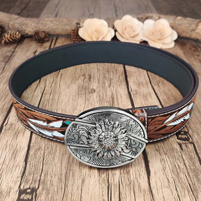 Feather Embossed Belt With Cool Oval Buckle - CowderrySunflower