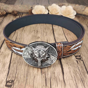 Feather Embossed Belt With Cool Oval Buckle - CowderryWolf