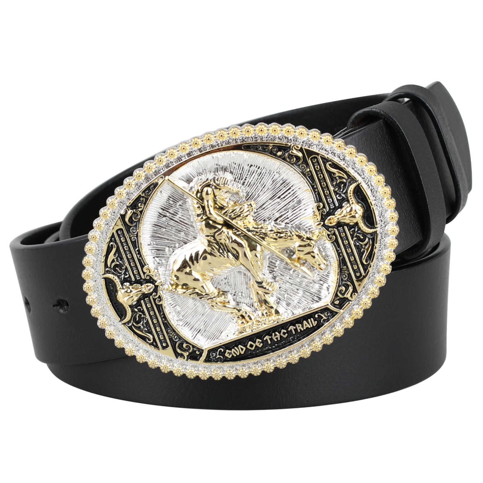 Genuine Leather Belt Gold Silver End of the Trail Bronc Rider Oval Buckle Cowboy - CowderryBeltsBlack