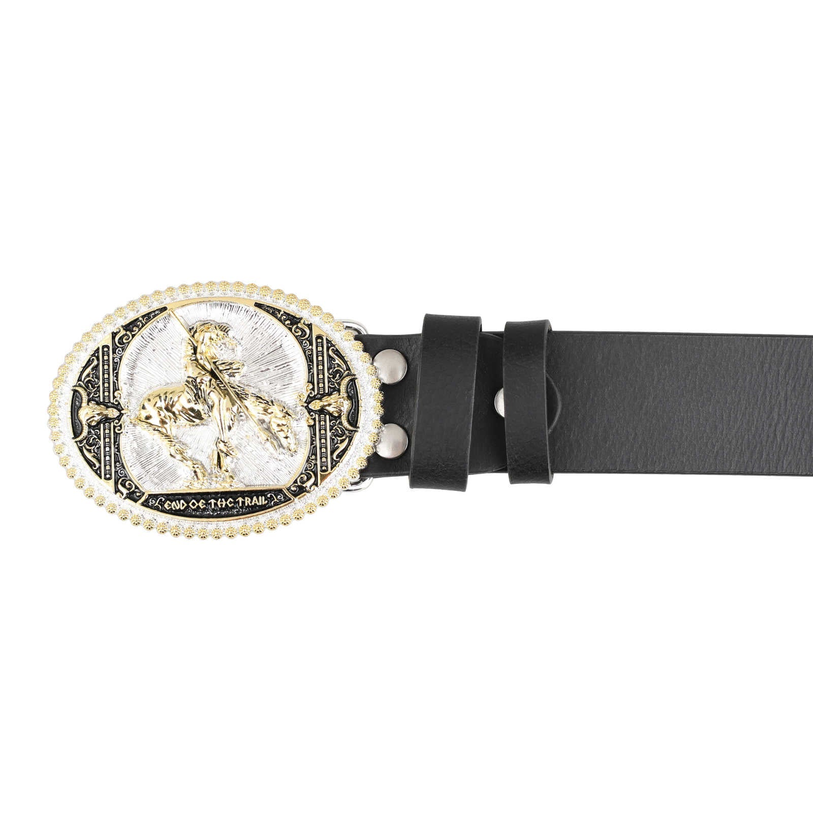 Genuine Leather Belt Gold Silver End of the Trail Bronc Rider Oval Buckle Cowboy - CowderryBeltsBrown