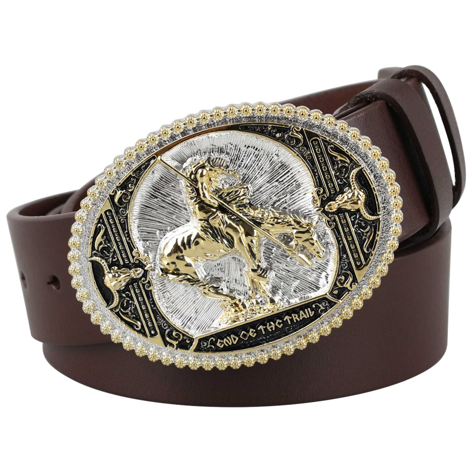 Genuine Leather Belt Gold Silver End of the Trail Bronc Rider Oval Buckle Cowboy - CowderryBeltsBrown