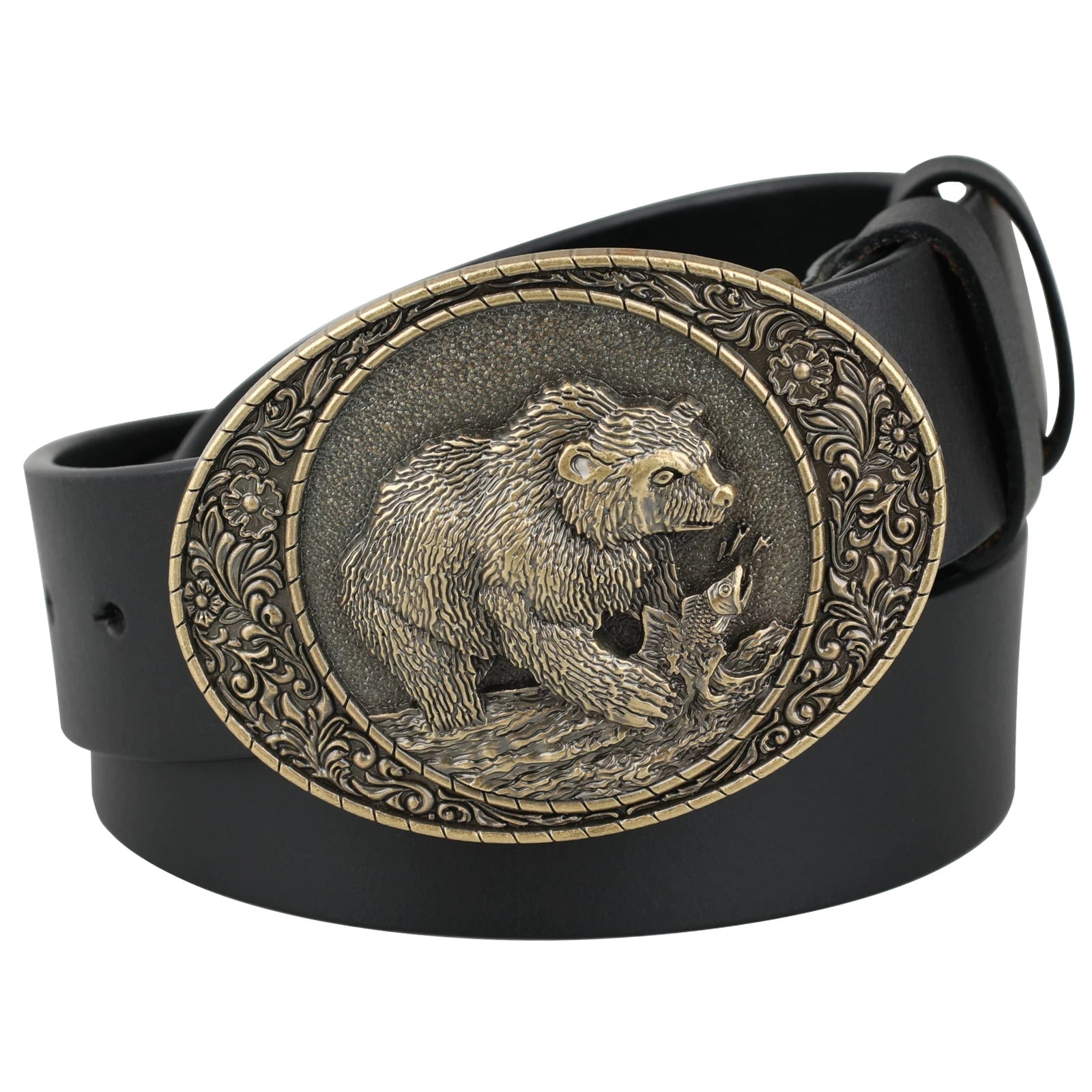 Genuine Mens Leather Belt Antique Bronze Grizzly Bear Fishing Oval Buckle - CowderryBeltsBlack