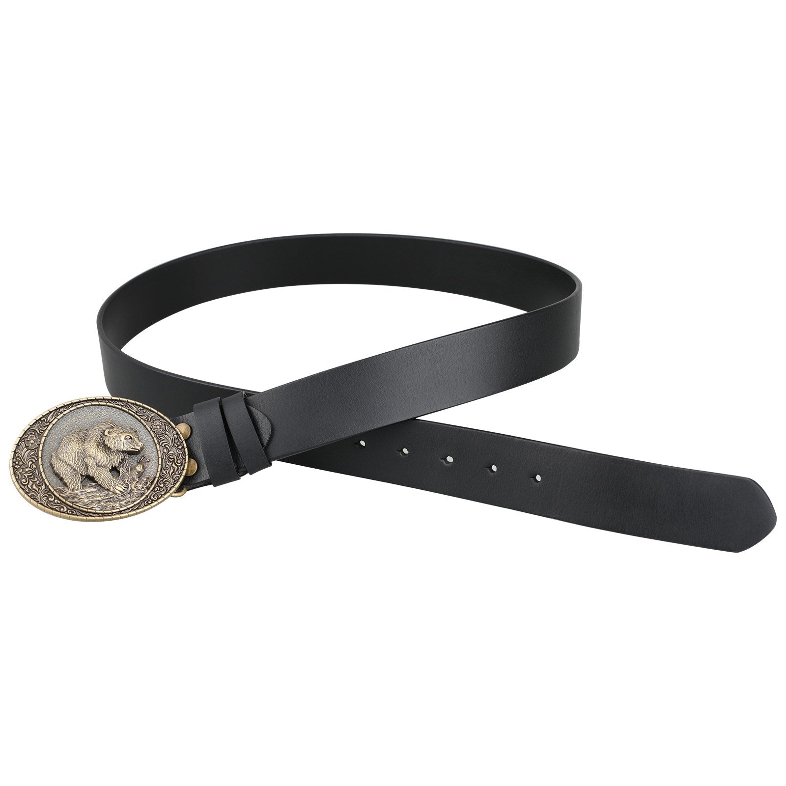 Genuine Mens Leather Belt Antique Bronze Grizzly Bear Fishing Oval Buckle - CowderryBeltsBrown