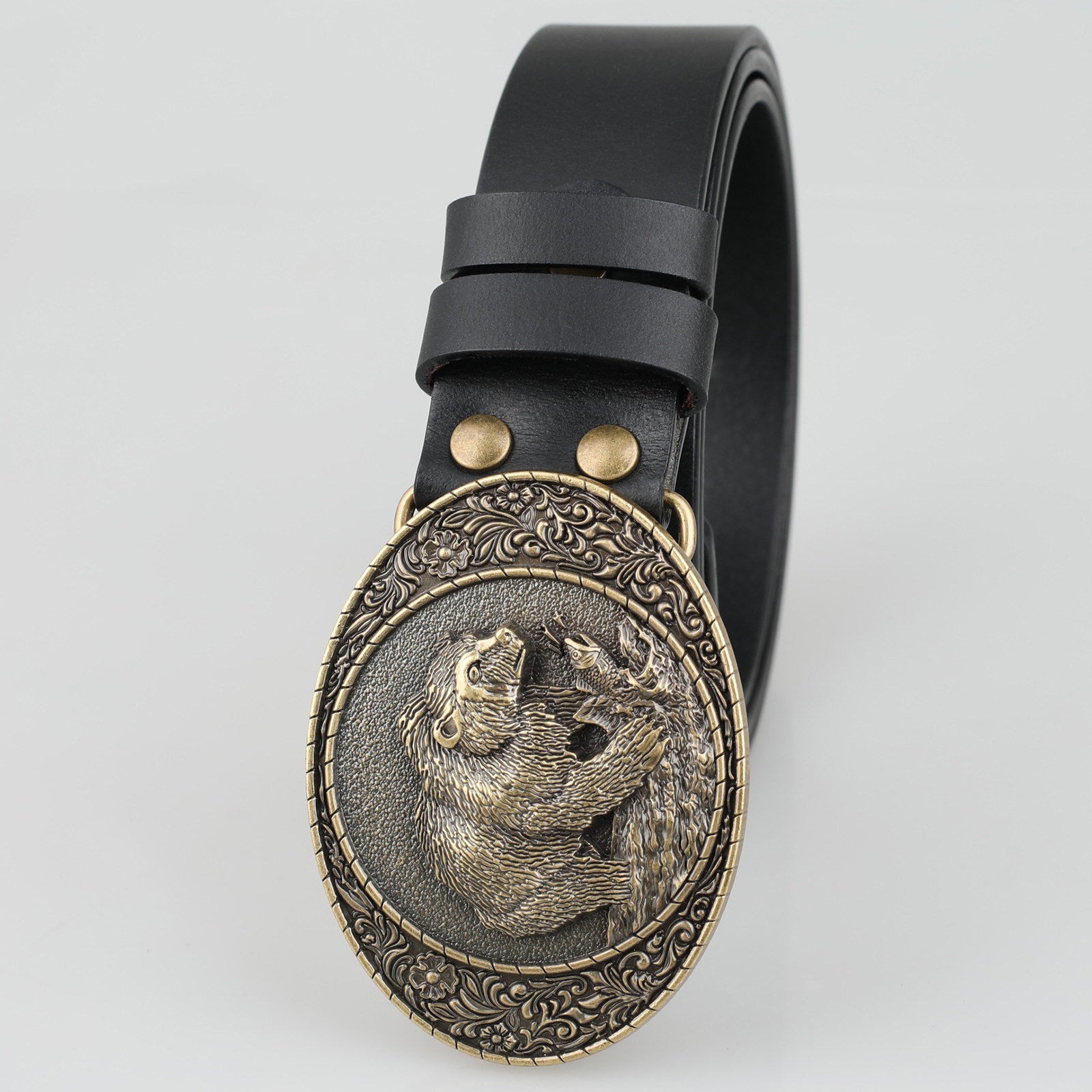 Genuine Mens Leather Belt Antique Bronze Grizzly Bear Fishing Oval Buckle - CowderryBeltsBrown