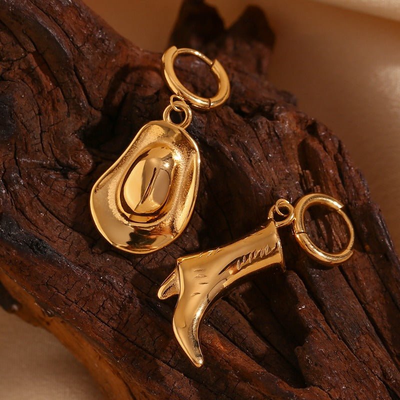 Gold Western Cowgirl Hat and Boot Earrings for Country Lovers - CowderryRings