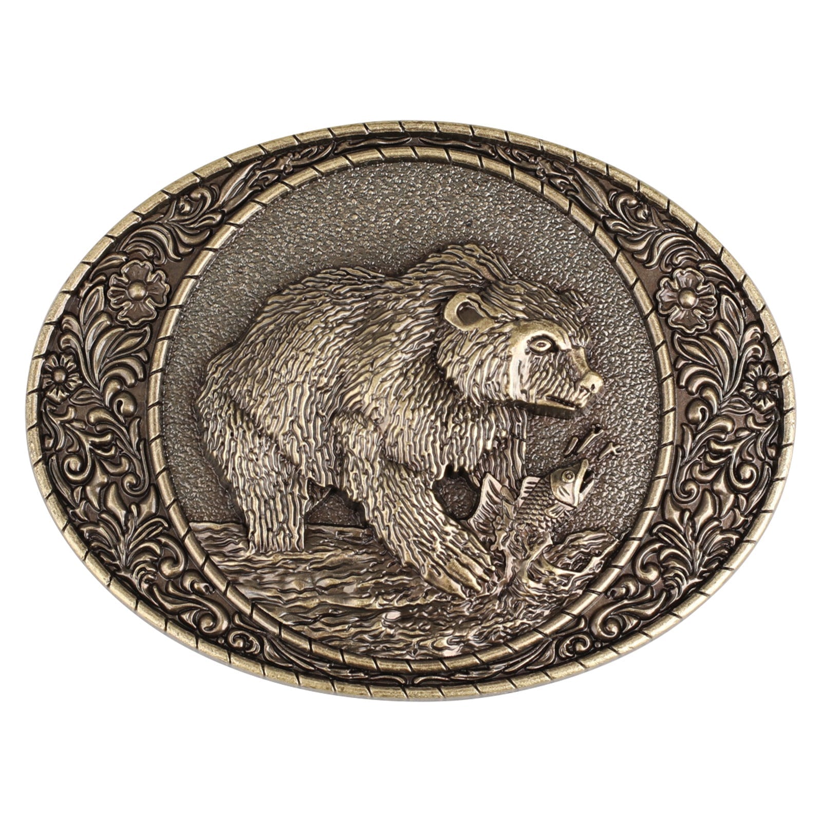 grizzly tobacco belt buckle Grizzly Bear Fishing Western Belt Buckle