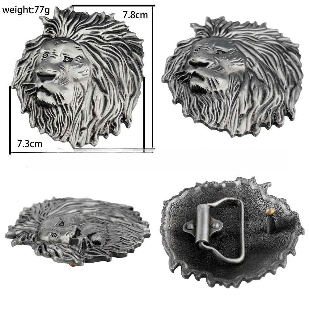 Mens Lion Head Belt Buckle Silver 3D Embossed