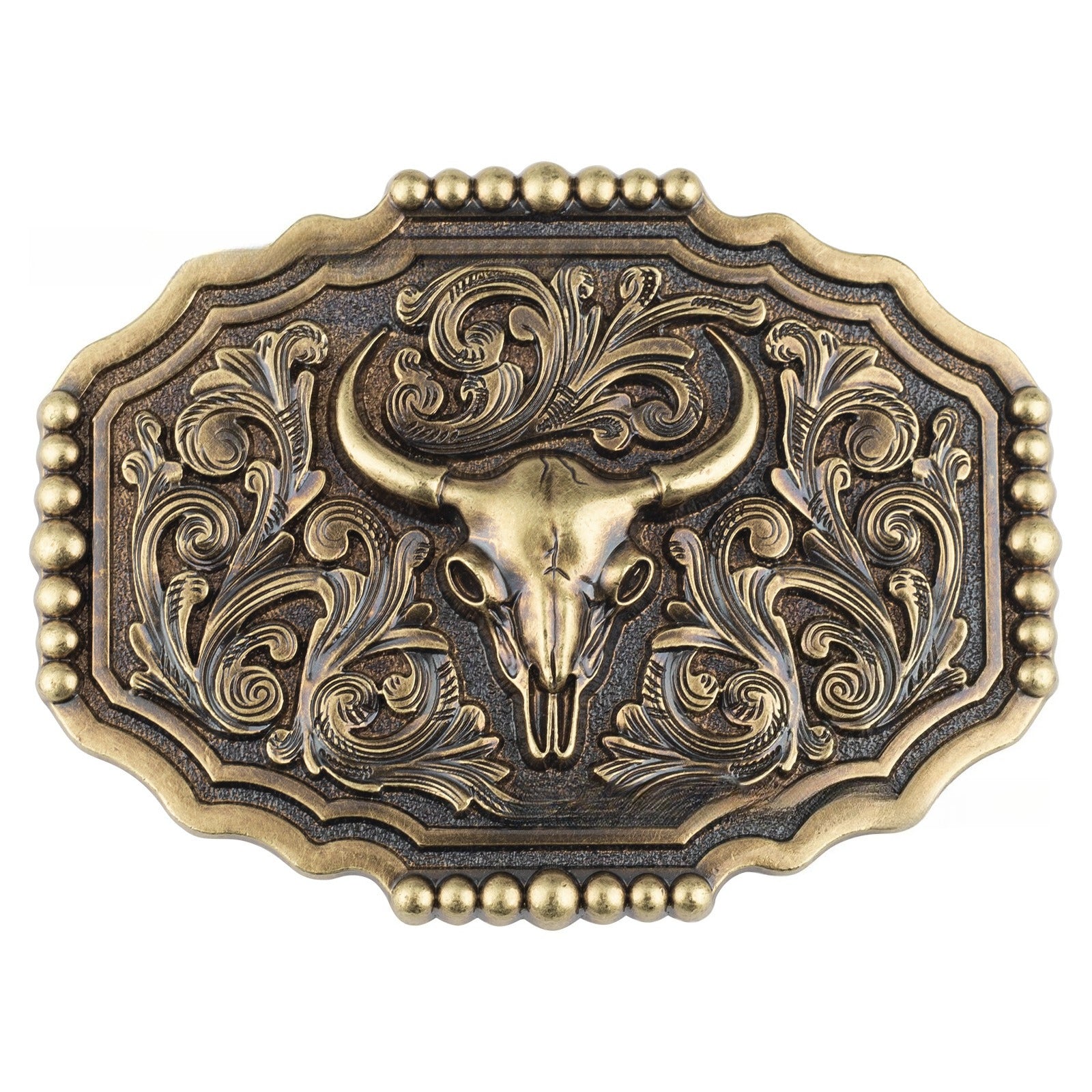 Western Longhorn Bull Skull Belt Buckle Antique Bronze Floral