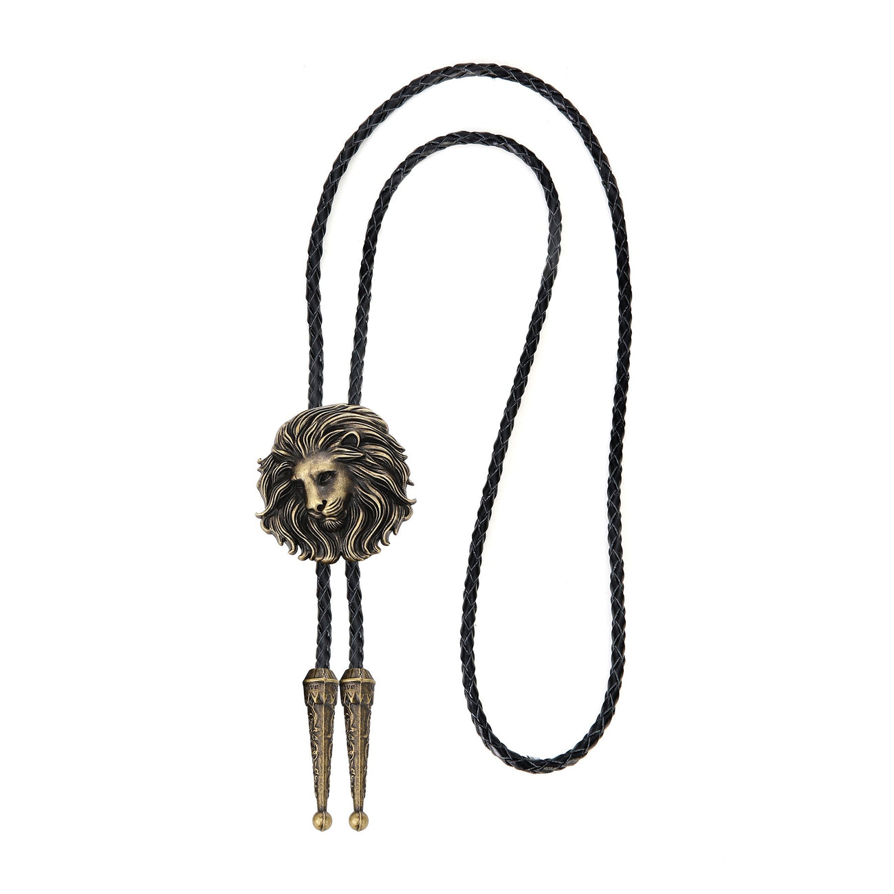 Mens Lion Head Black Leather Belt and Bolo Tie Set