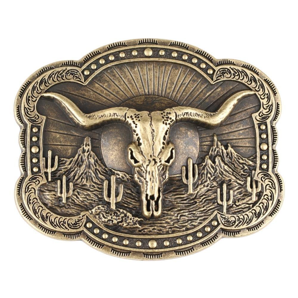 Longhorn Skull Western Belt Buckle with Desert Cactus - CowderryBelt Buckle