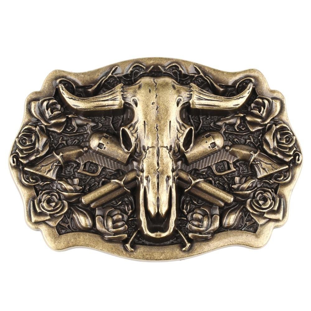 Longhorn Skull Western Belt Buckle with Roses in Antique Brass Tone - CowderryBelt Buckles