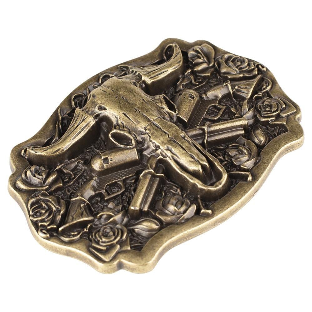 Longhorn Skull Western Belt Buckle with Roses in Antique Brass Tone - CowderryBelt Buckles