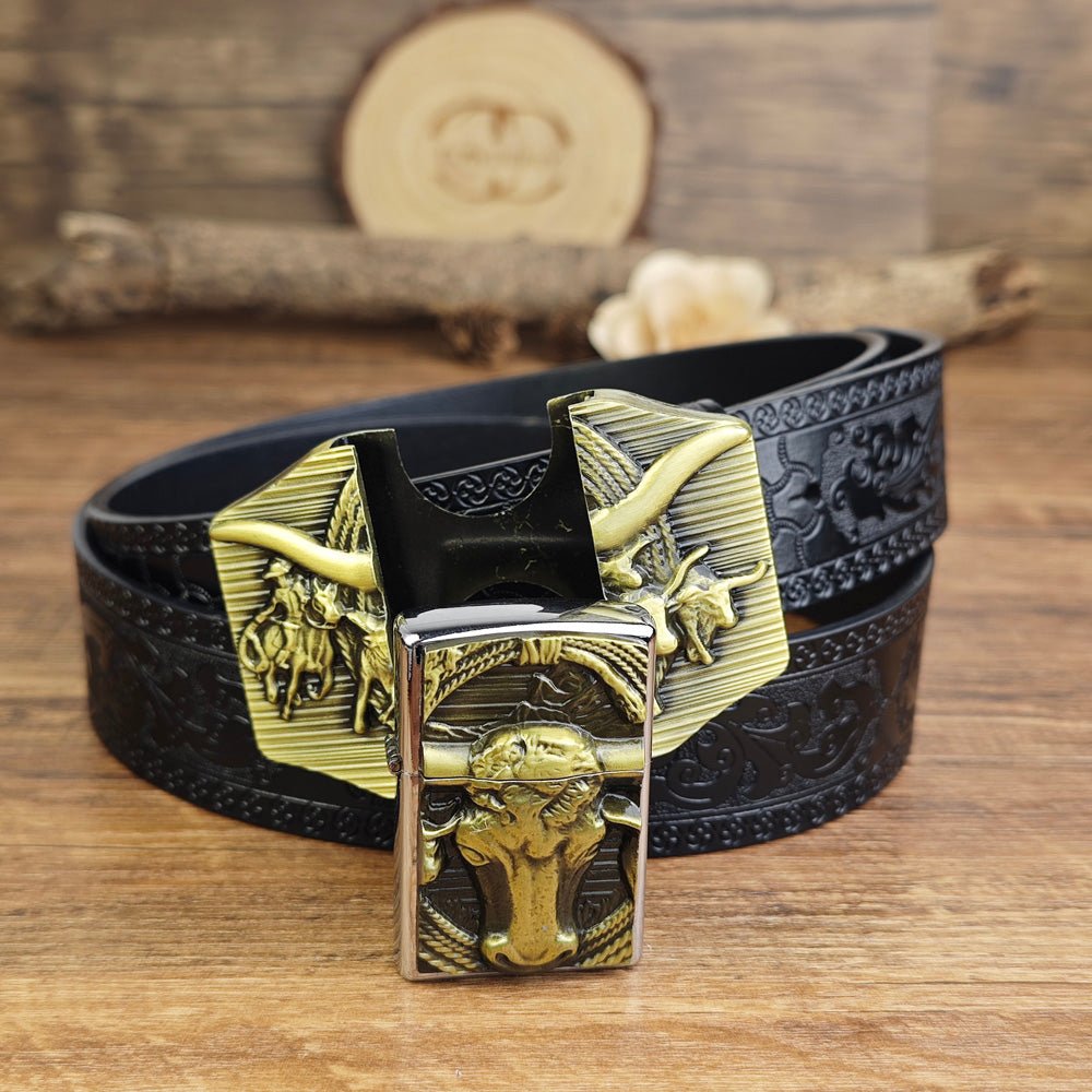 Mens Black Embossed Leather Belt Longhorn Bull Hidden Lighter Square Buckle - CowderryBrown