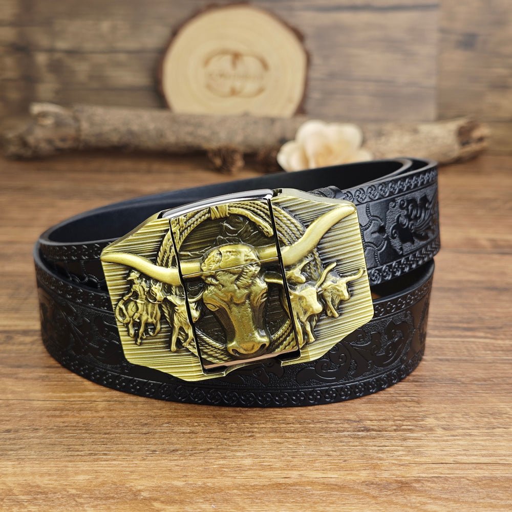 Mens Black Embossed Leather Belt Longhorn Bull Hidden Lighter Square Buckle - CowderryBrown