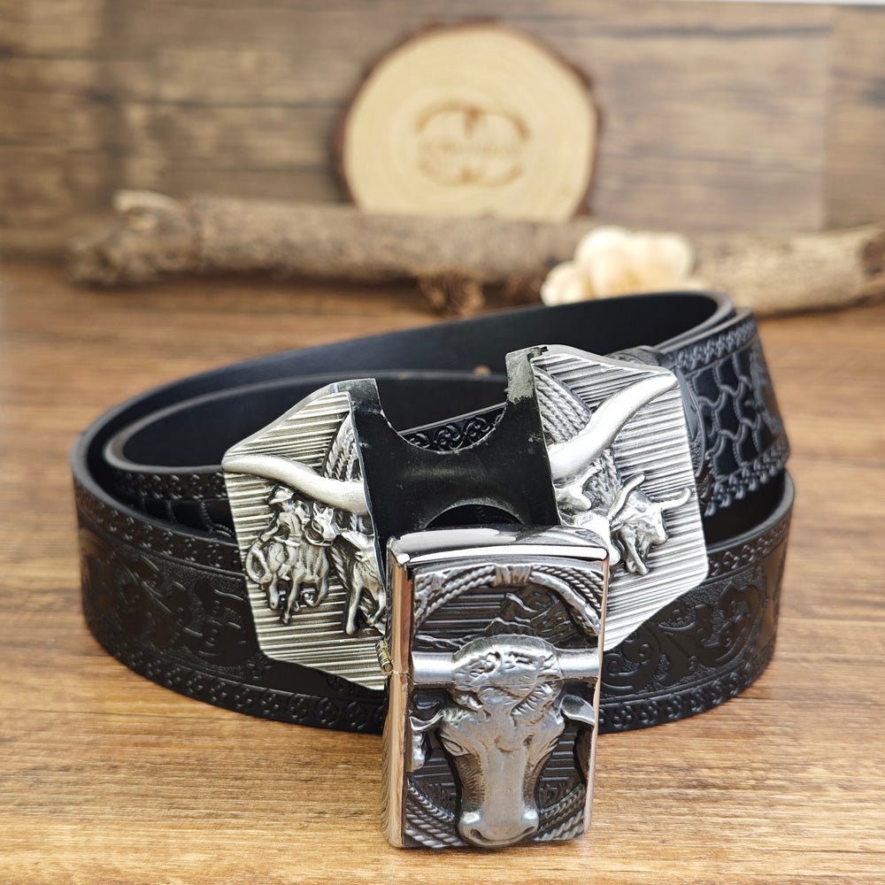 Mens Black Embossed Leather Belt Longhorn Bull Hidden Lighter Square Buckle - CowderrySilver