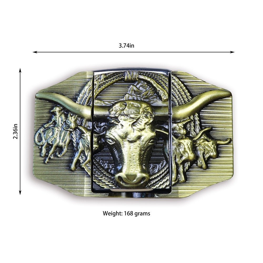 Mens Black Embossed Leather Belt Longhorn Bull Hidden Lighter Square Buckle - CowderrySilver
