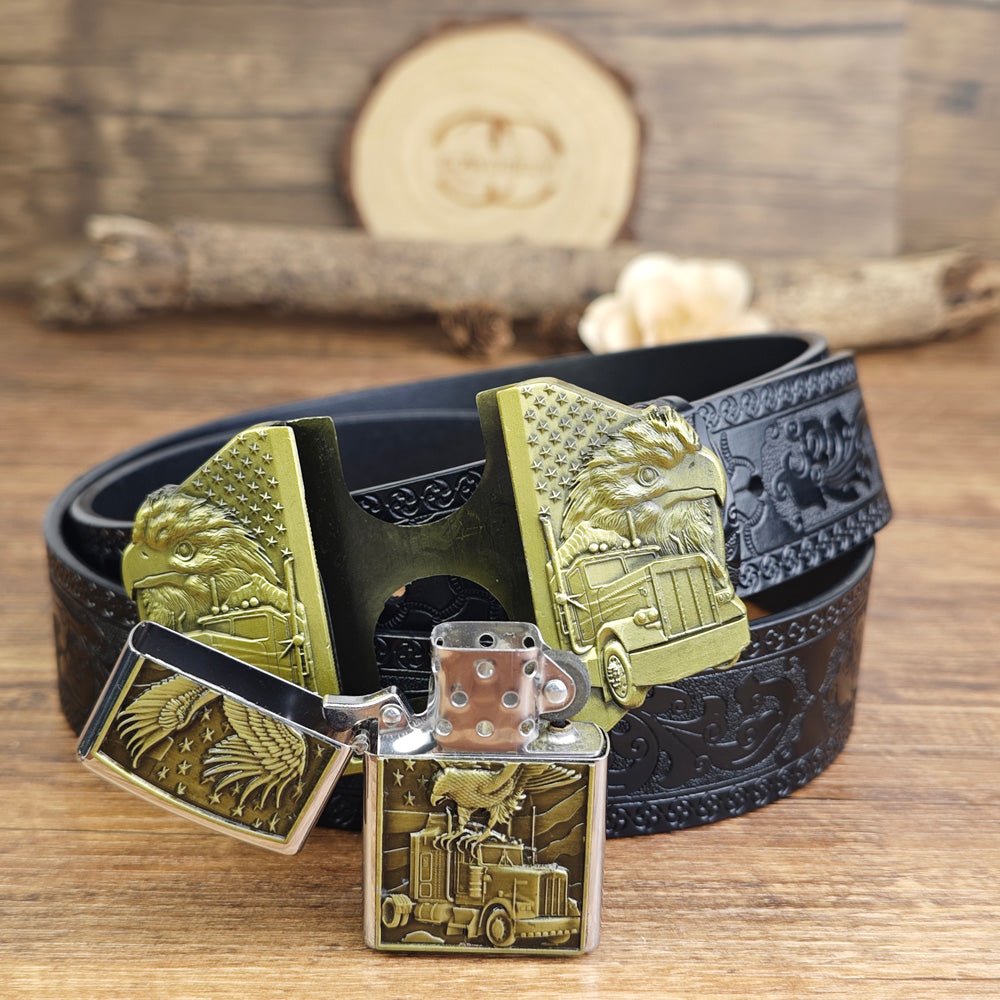 Mens Black Leather Belt Trucker Eagle American Flag Hidden Lighter Buckle - CowderryBeltsBrown