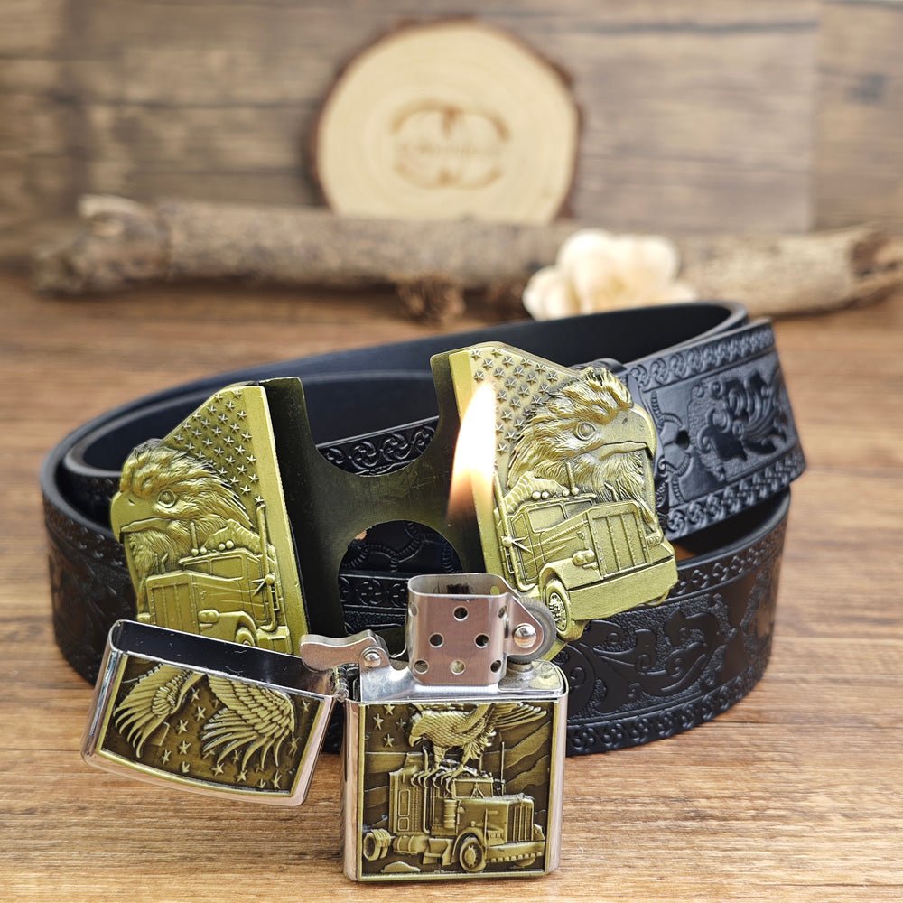 Mens Black Leather Belt Trucker Eagle American Flag Hidden Lighter Buckle - CowderryBeltsBrown