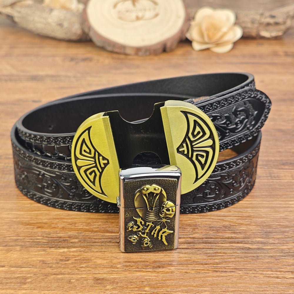 Mens Black Leather Belt with Hidden Lighter Cobra Skull Buckle - CowderryBeltsBrown