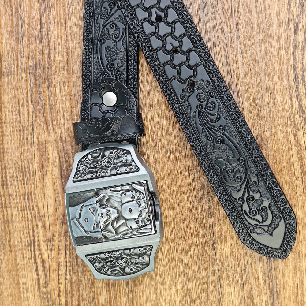 Mens Black Leather Belt with Hidden Lighter Grim Reaper Buckle - CowderryBelts28-34 (Fit Waist 26-32 in)
