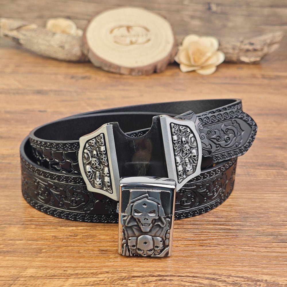 Mens Black Leather Belt with Hidden Lighter Grim Reaper Buckle - CowderryBelts28-34 (Fit Waist 26-32 in)