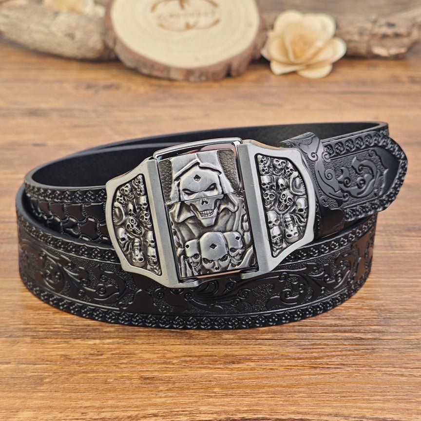 Mens Black Leather Belt with Hidden Lighter Grim Reaper Buckle - CowderryBelts28-34 (Fit Waist 26-32 in)