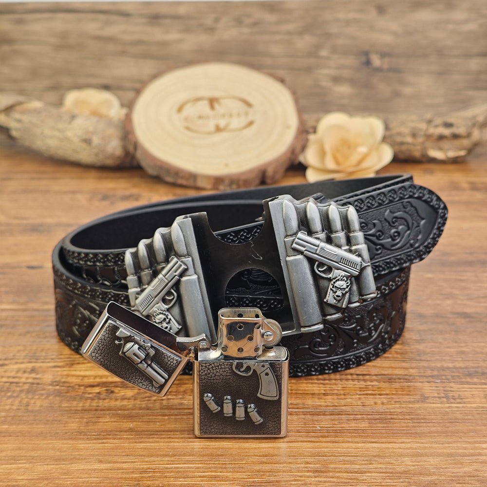 Mens Black Leather Belt with Hidden Lighter Gun Bullet Buckle - CowderryBeltsSilver