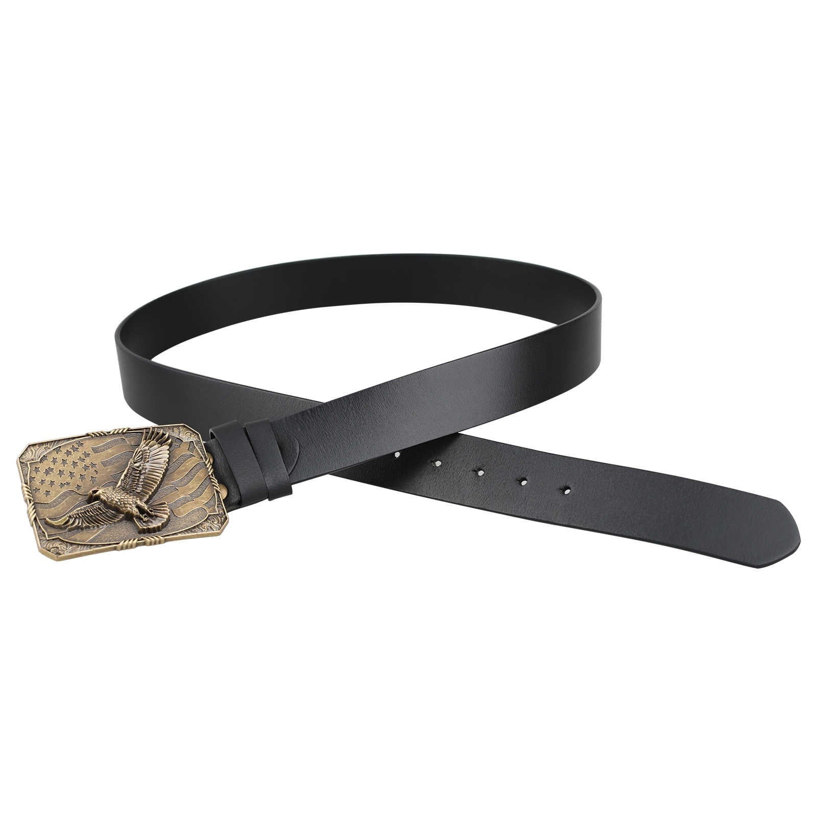 Mens Genuine Leather Belt Antique Bronze American Eagle Flag Square Buckle Patriot - CowderryBeltsDark Brown