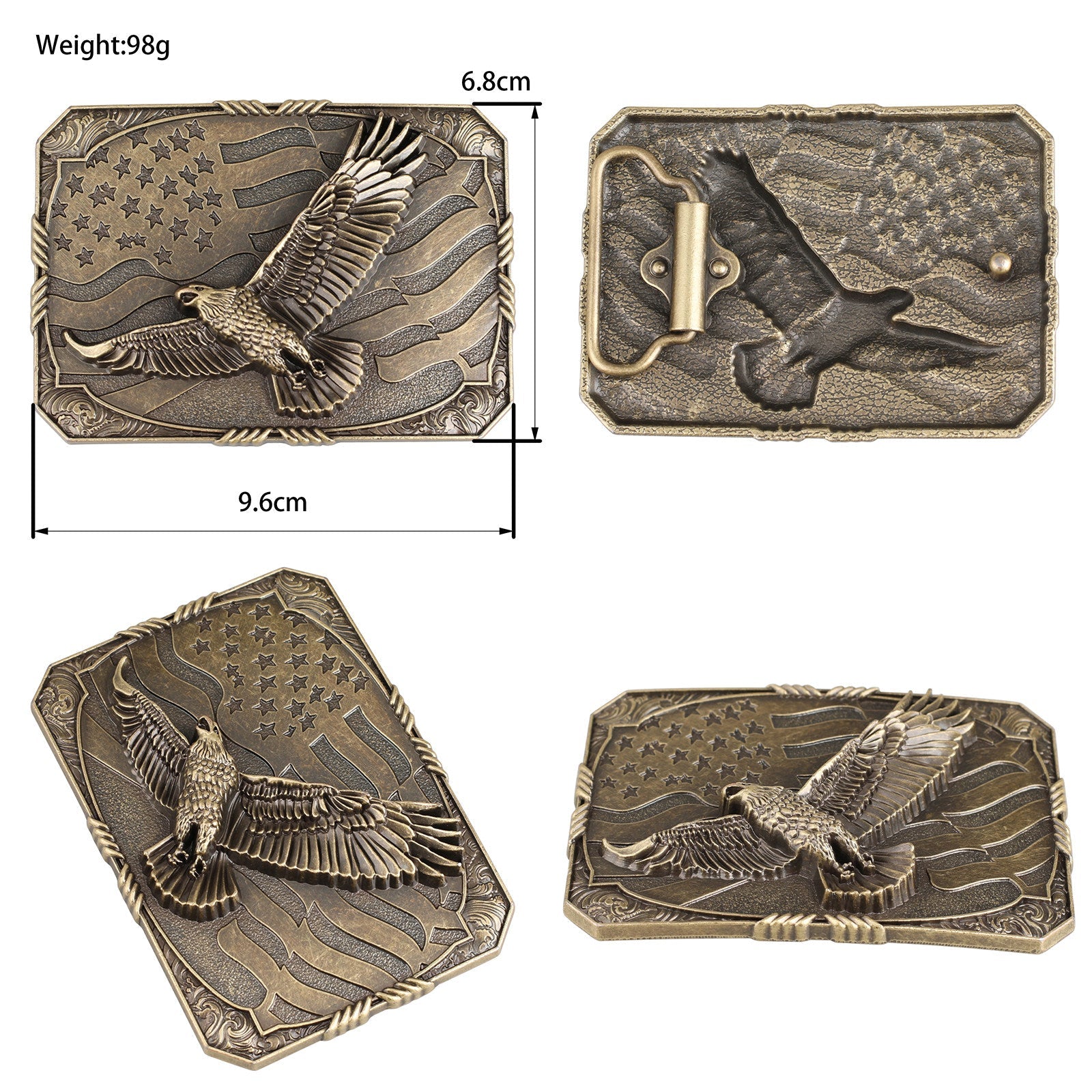Mens Genuine Leather Belt Antique Bronze American Eagle Flag Square Buckle Patriot - CowderryBeltsDark Brown