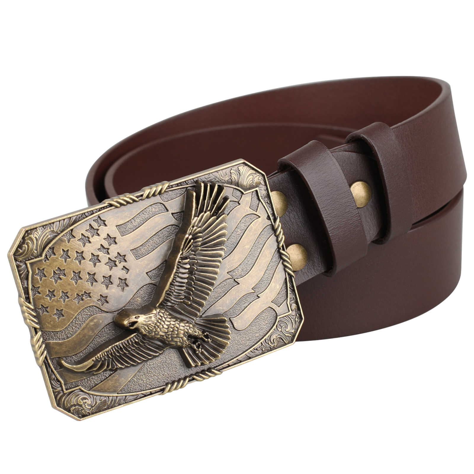 Mens Genuine Leather Belt Antique Bronze American Eagle Flag Square Buckle Patriot - CowderryBeltsDark Brown