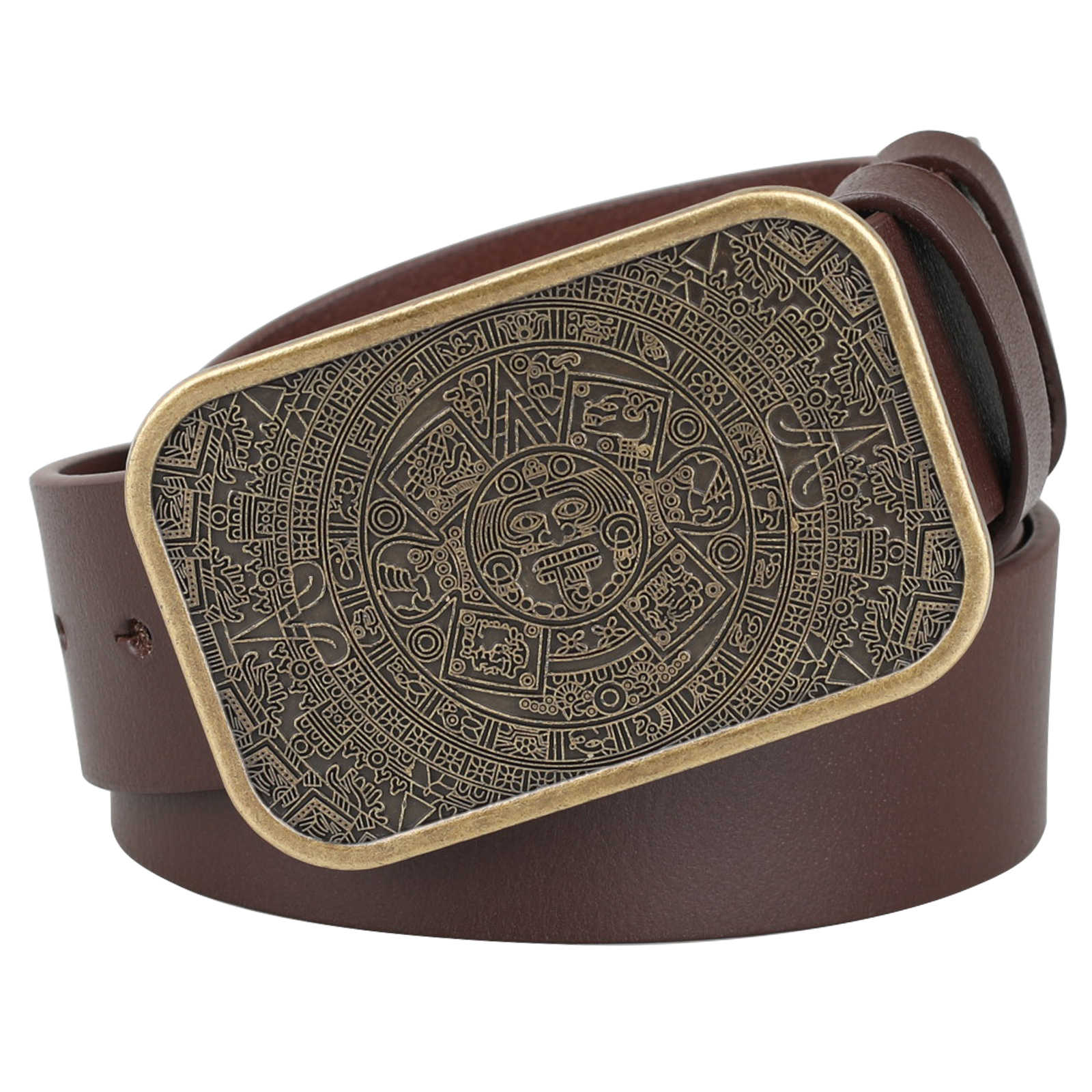 Mens Genuine Leather Belt Aztec Mayan Sun Calendar Rectangle Buckle - CowderryBeltsAntique Gold