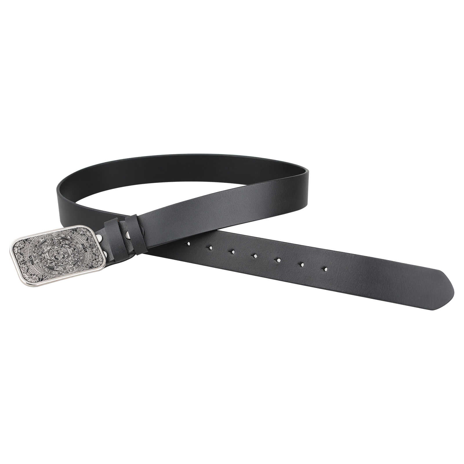 Mens Genuine Leather Belt Aztec Mayan Sun Calendar Rectangle Buckle - CowderryBeltsAntique Silver