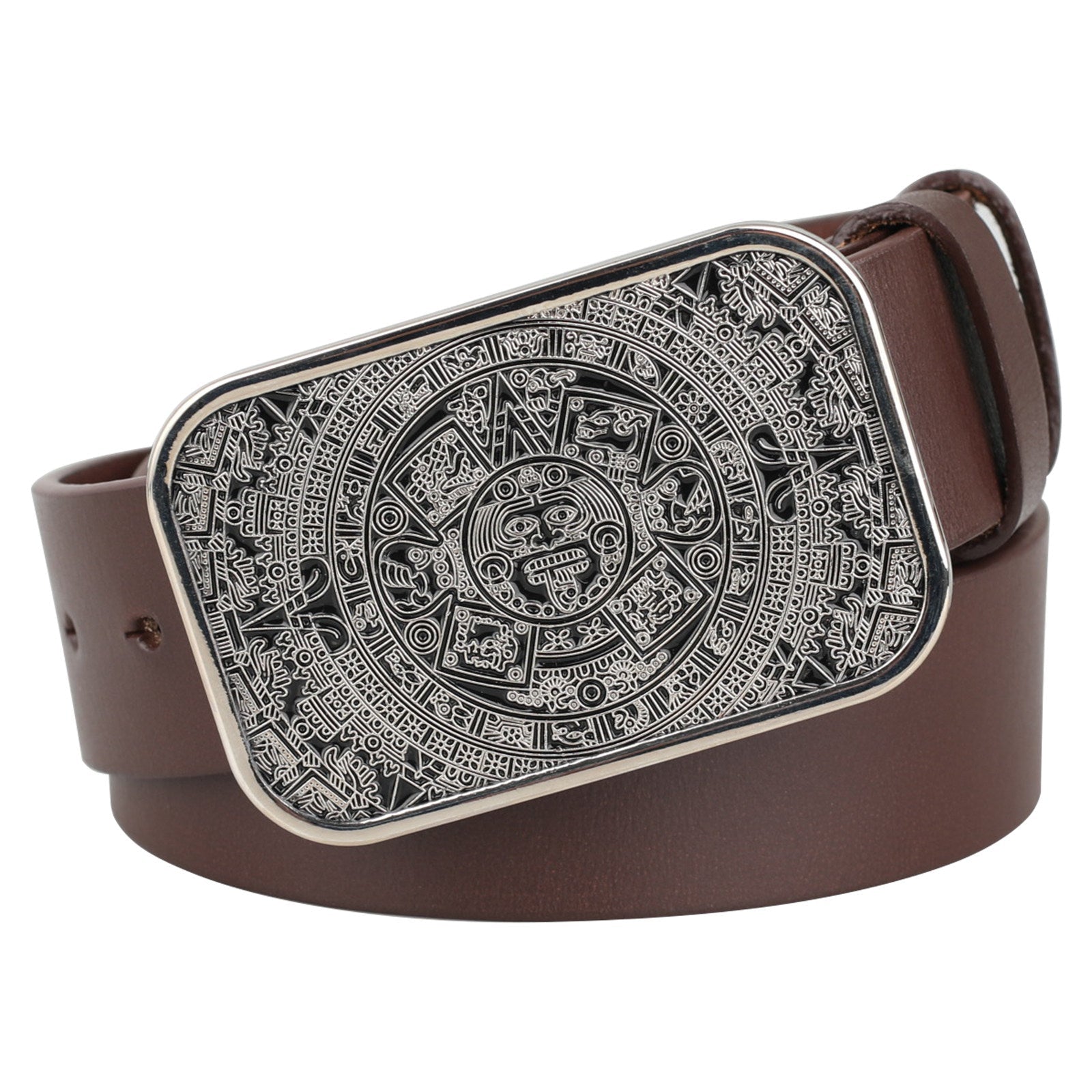 Mens Genuine Leather Belt Aztec Mayan Sun Calendar Rectangle Buckle - CowderryBeltsAntique Silver