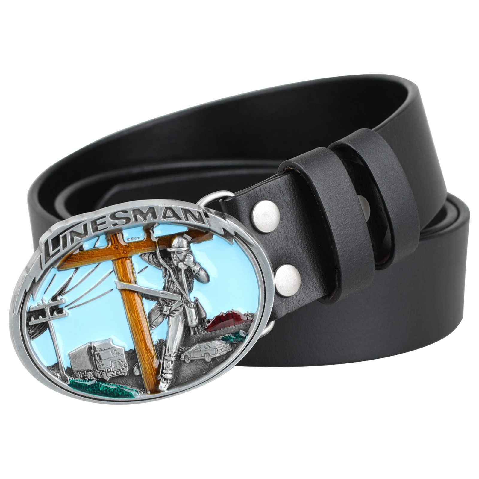 Mens Genuine Leather Belt Linesman Oval Buckle Electric Power Lineman - CowderryBeltsDark Brown