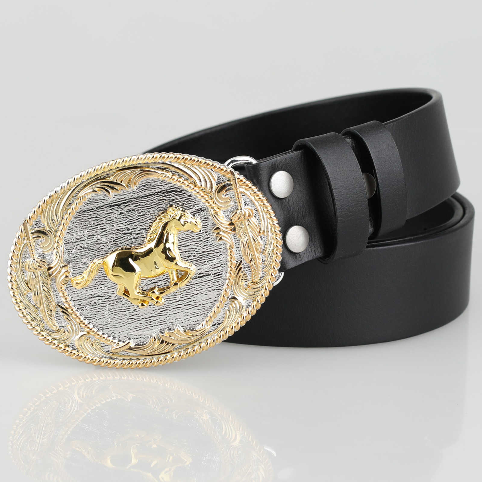 Mens Genuine Leather Western Belt Gold Silver Oval Buckle Cowboy - CowderryHorse