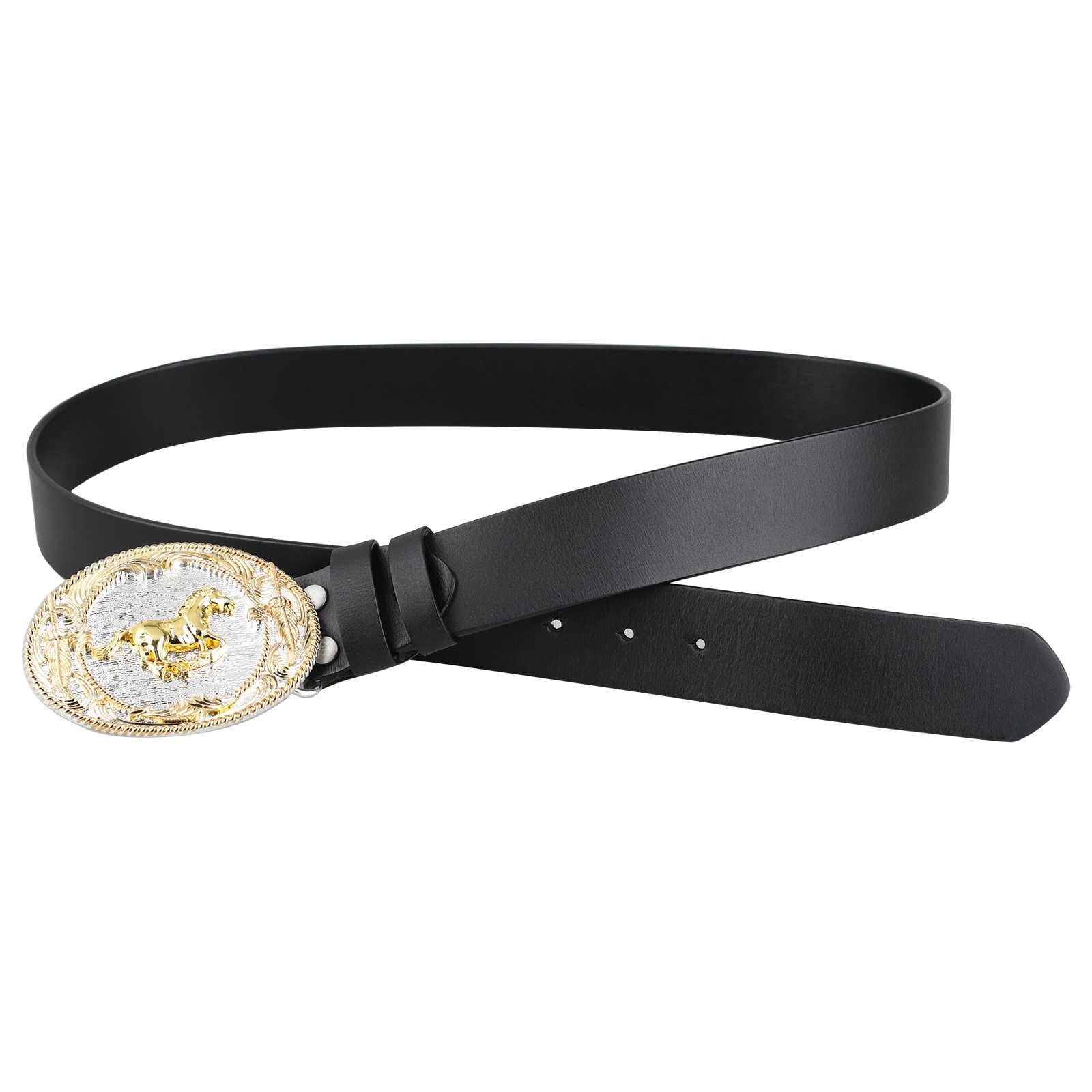 Mens Genuine Leather Western Belt Gold Silver Oval Buckle Cowboy - CowderryHorse