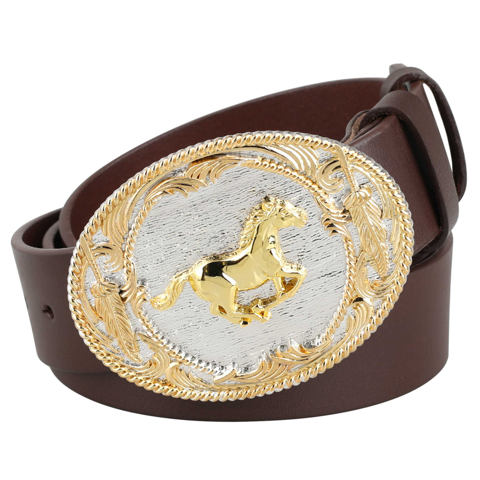 Mens Genuine Leather Western Belt Gold Silver Oval Buckle Cowboy - CowderryHorse