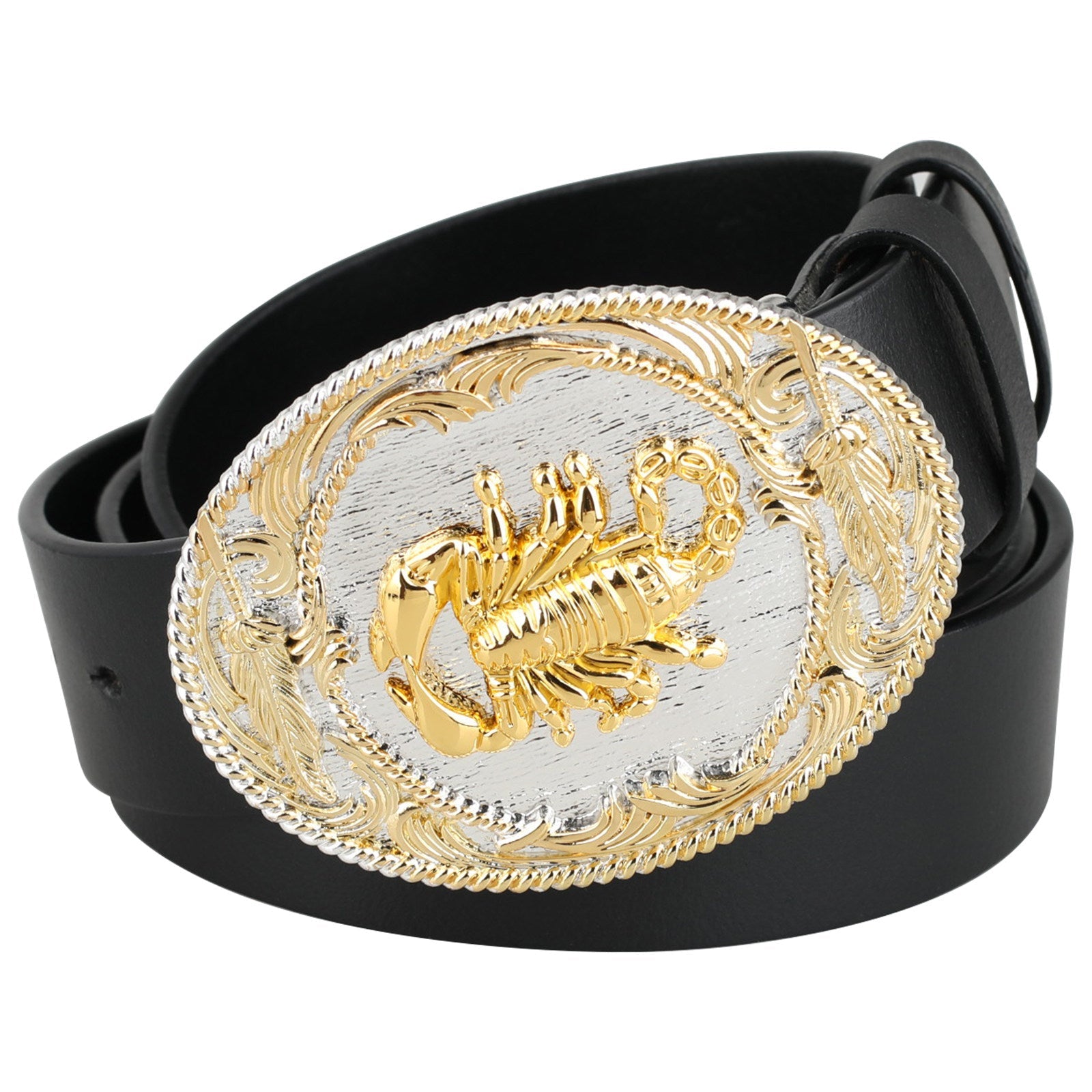 Mens Genuine Leather Western Belt Gold Silver Oval Buckle Cowboy - CowderryScorpion