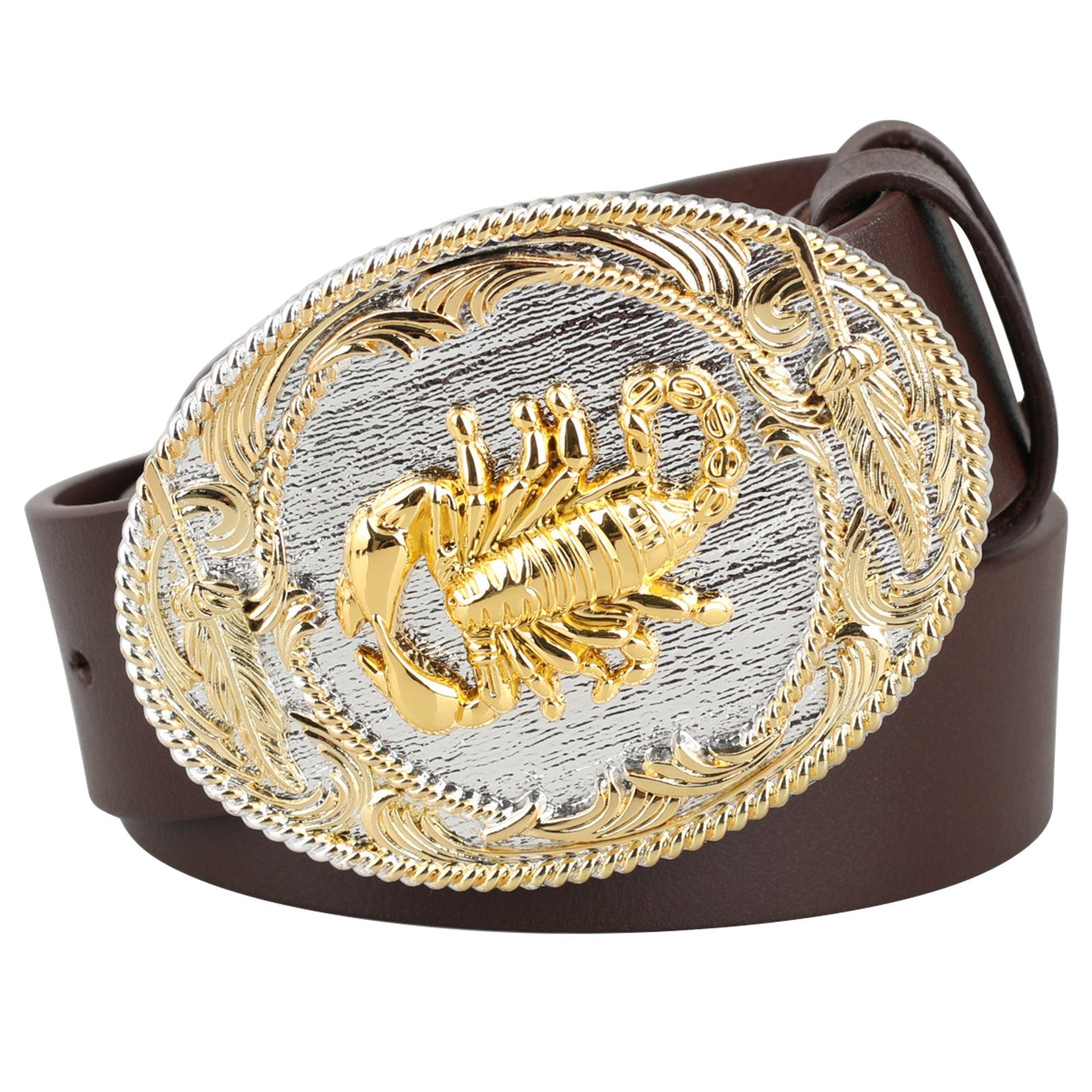 Mens Genuine Leather Western Belt Gold Silver Oval Buckle Cowboy - CowderryScorpion