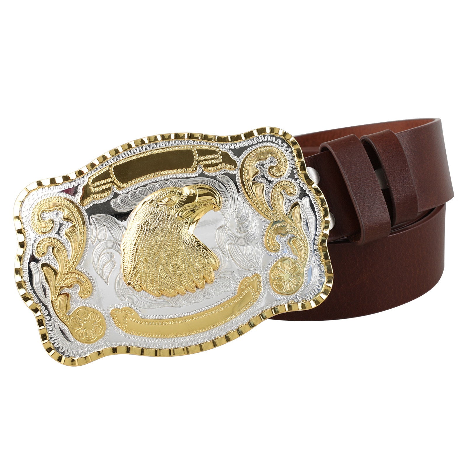 Mens Genuine Leather Western Belt Large Gold Silver Trophy Buckle - CowderryBeltsEagle
