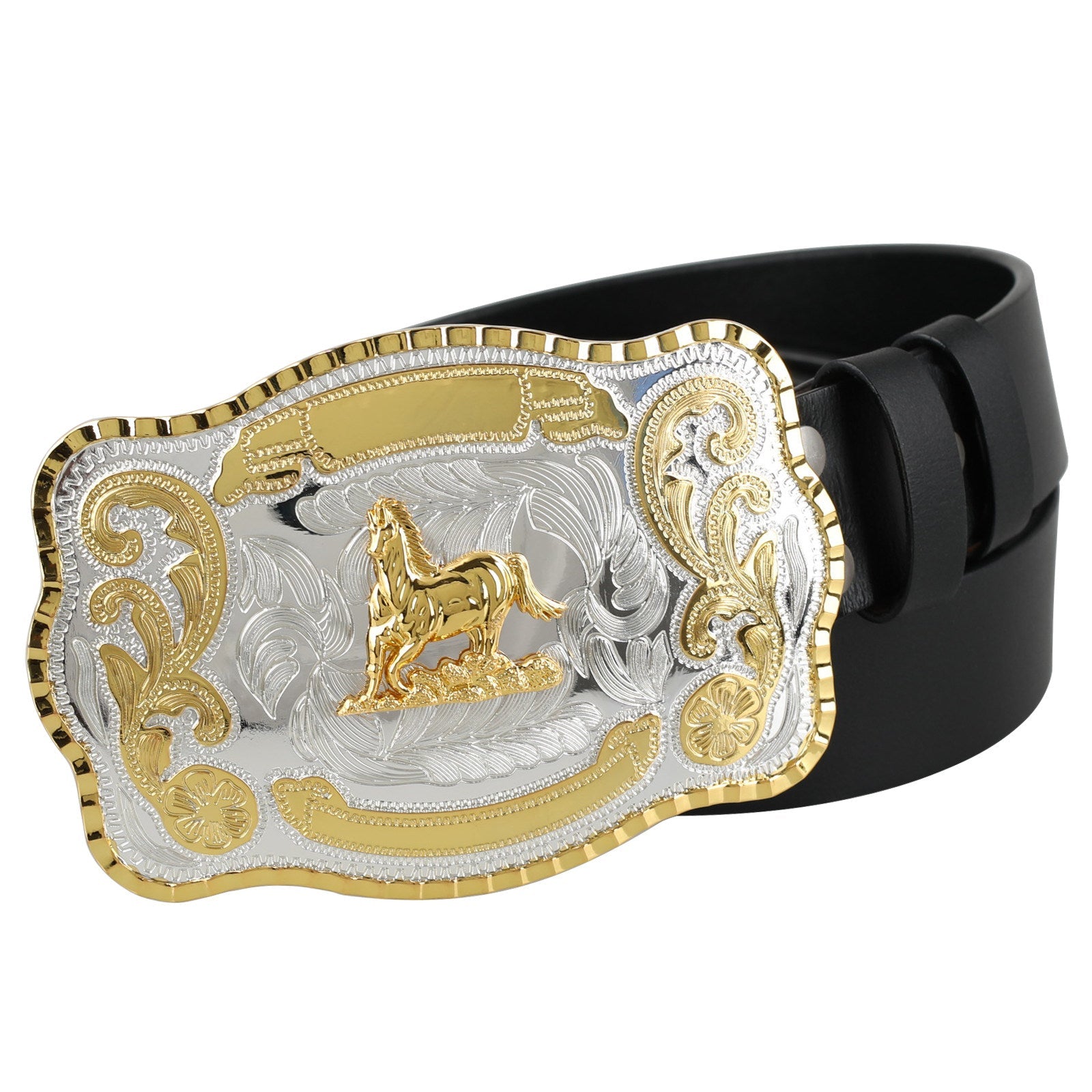 Mens Genuine Leather Western Belt Large Gold Silver Trophy Buckle - CowderryBeltsHorse