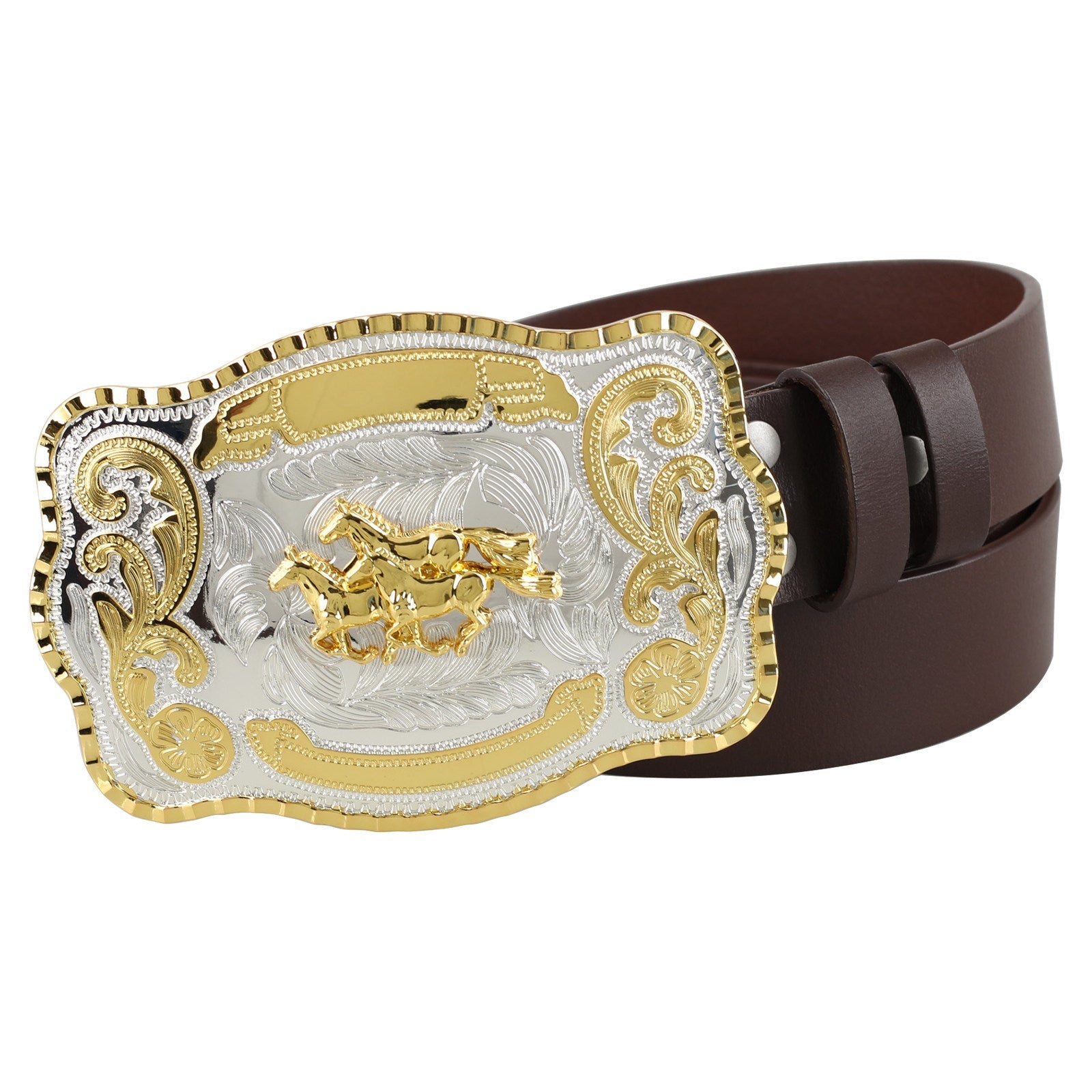 Mens Genuine Leather Western Belt Large Gold Silver Trophy Buckle - CowderryBeltsRunning Horses