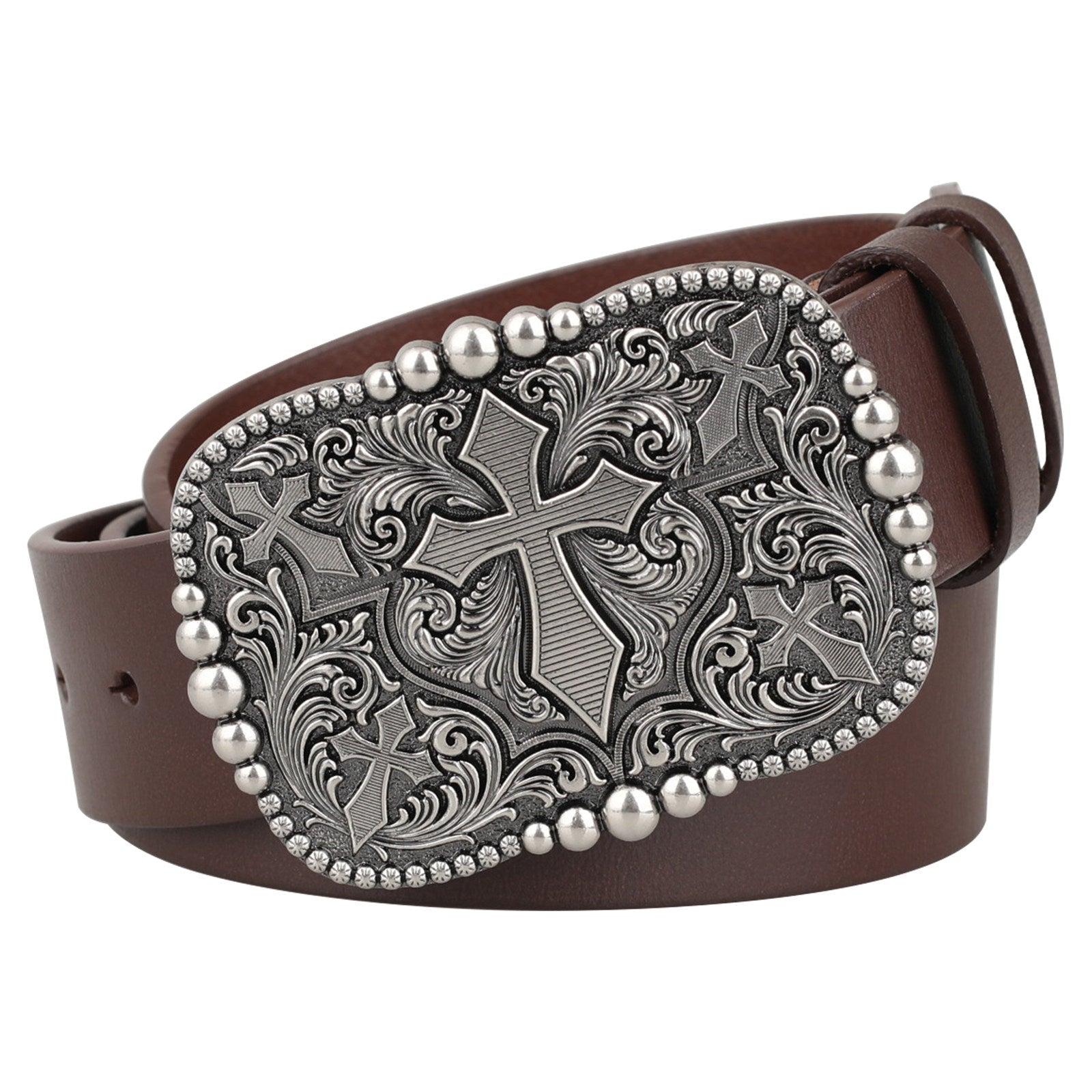 Mens Genuine Leather Western Belt Silver Cross Floral Buckle Christian