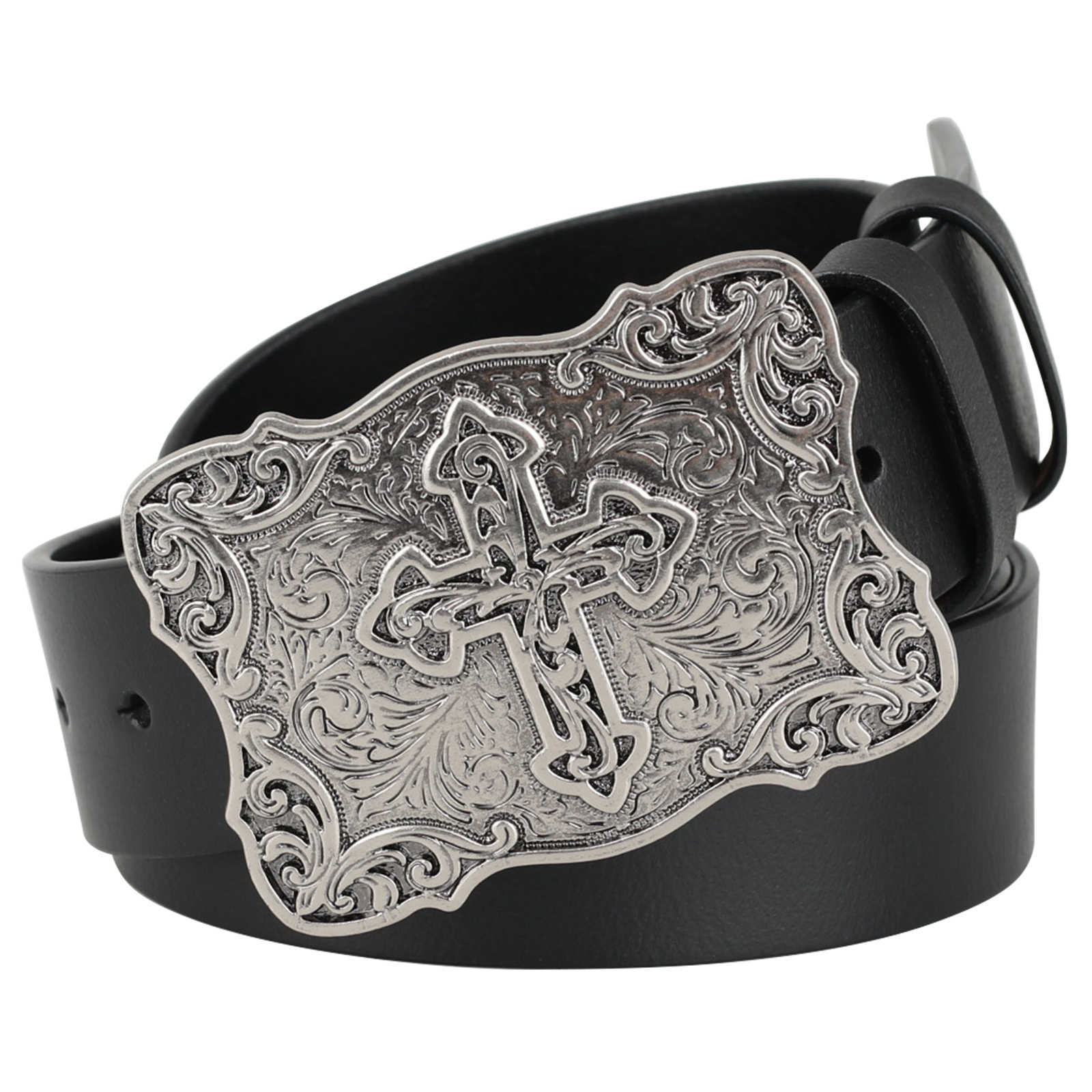 Mens Genuine Leather Western Belt Silver Cross Floral Buckle Christian - CowderryBeltsStyle 2
