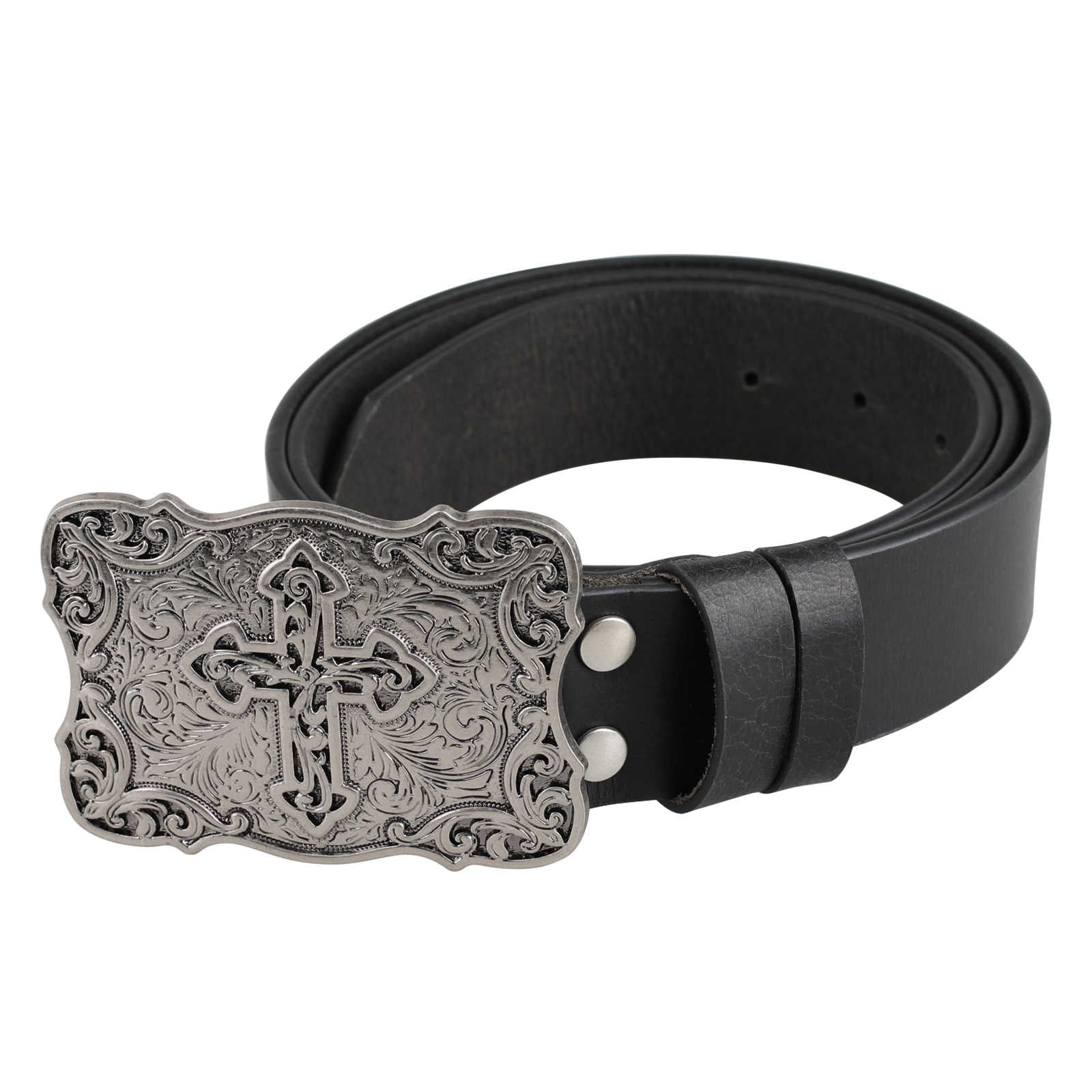 Mens Genuine Leather Western Belt Silver Cross Floral Buckle Christian - CowderryBeltsStyle 2