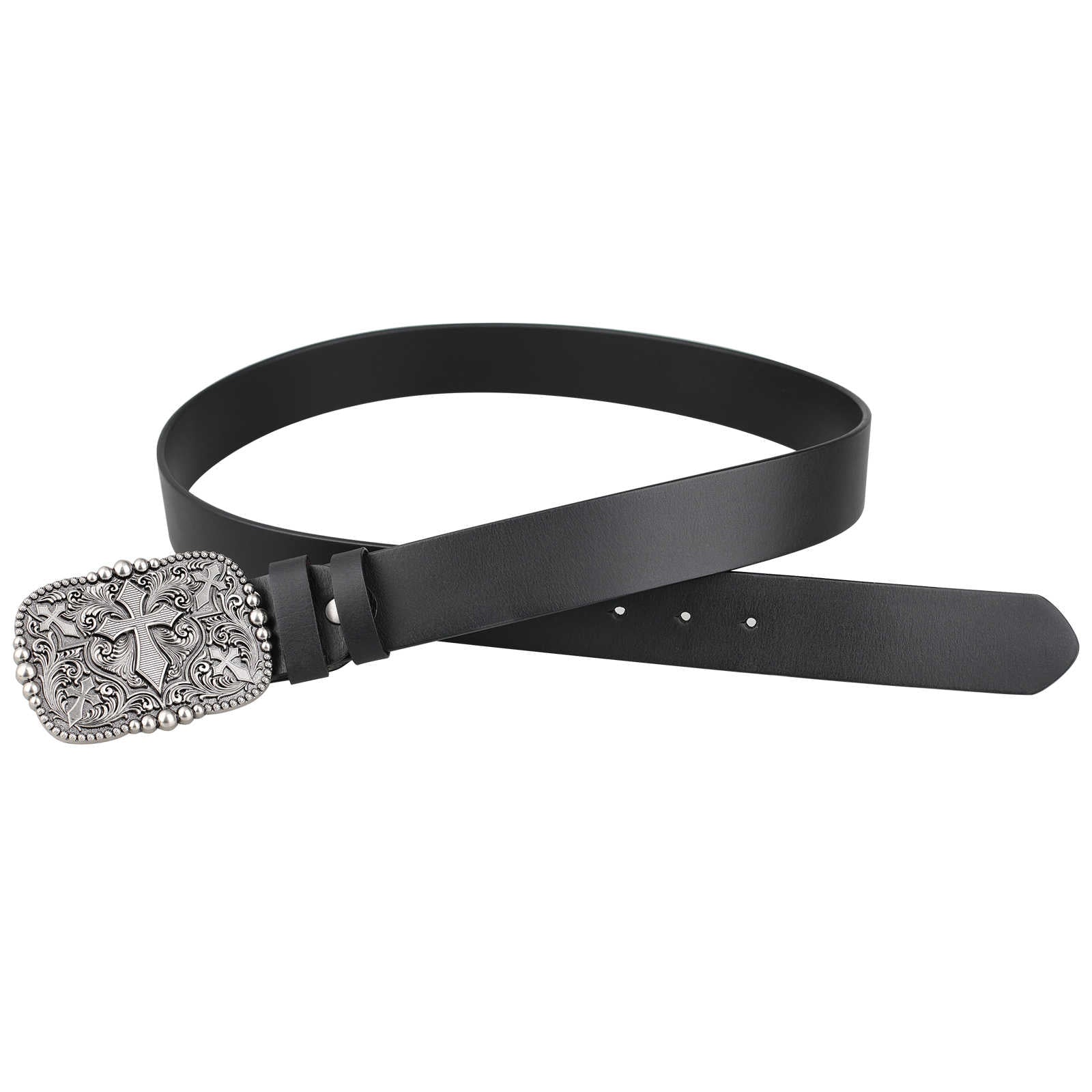 Mens Genuine Leather Western Belt Silver Cross Floral Buckle Christian - CowderryBeltsStyle 2