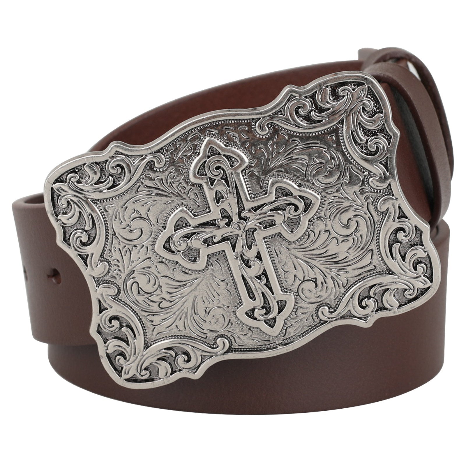 Mens Genuine Leather Western Belt Silver Cross Floral Buckle Christian - CowderryBeltsStyle 2