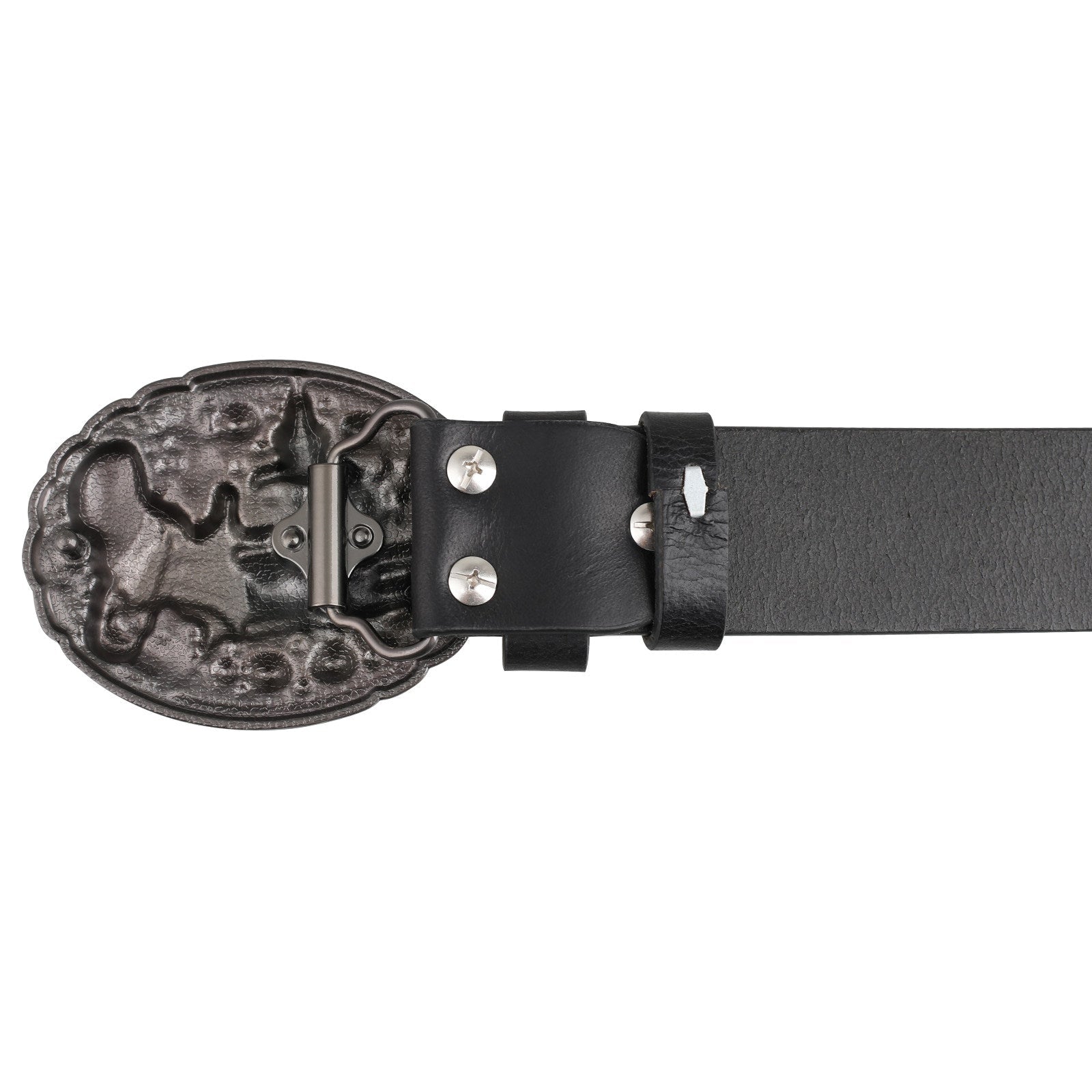 Mens Genuine Leather Western Belt Turquoise Revolver Longhorn Buckle - CowderryBeltsBlack