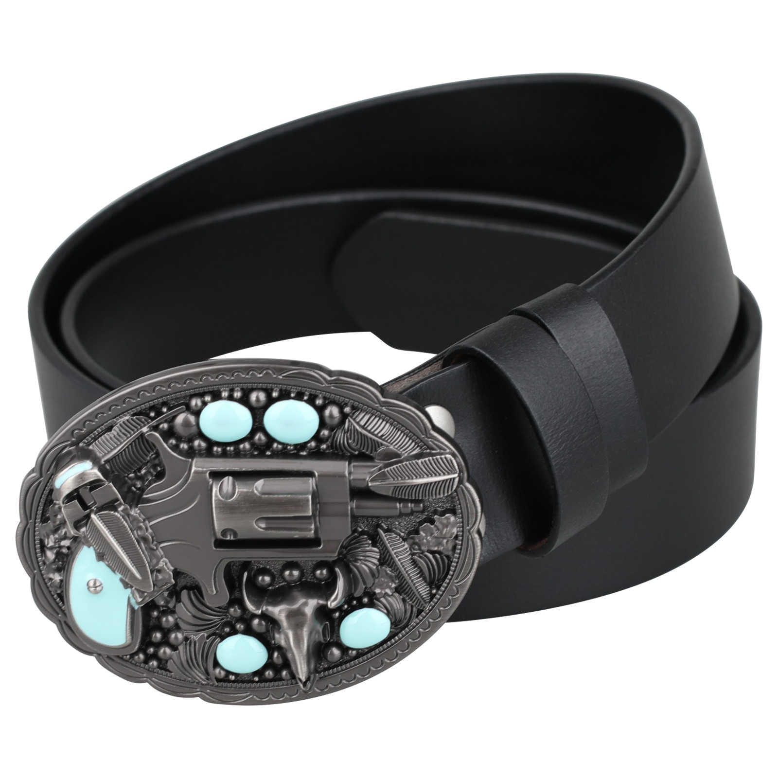 Mens Genuine Leather Western Belt Turquoise Revolver Longhorn Buckle - CowderryBeltsBlack