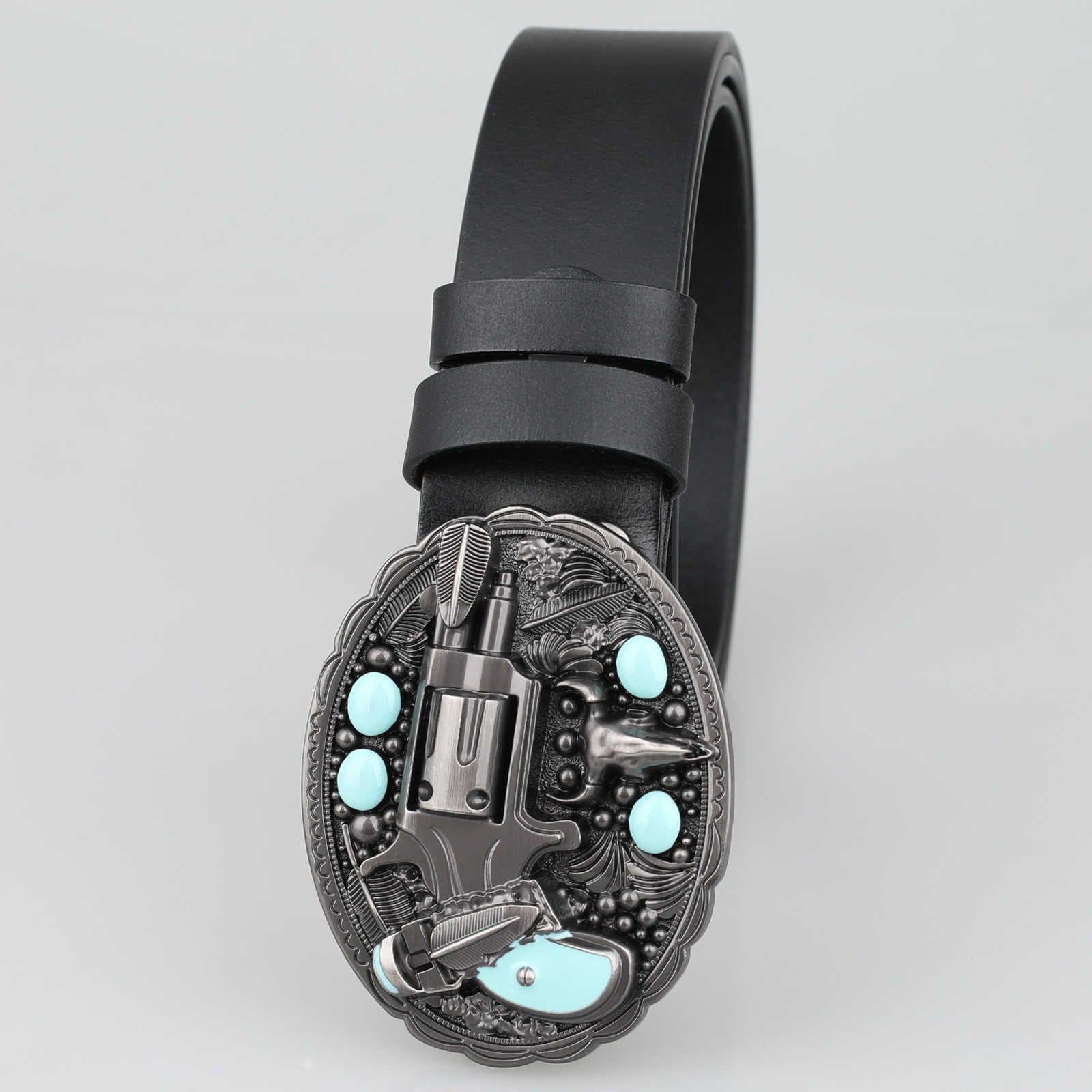 Mens Genuine Leather Western Belt Turquoise Revolver Longhorn Buckle - CowderryBeltsBlack